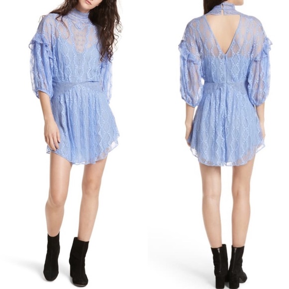 Free People Womens Lace Overlay Mock Neck Broadway Blue Mini Dress - Picture 4 of 12